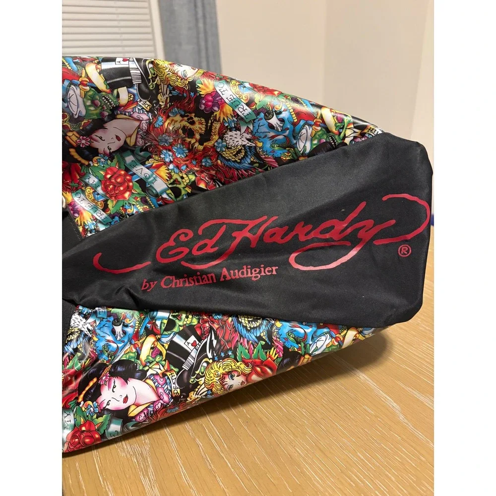 Ed Hardy‎ Christian Audigier Tattoo Print Tote Bag Geisha Skull Black Canvas Y2K